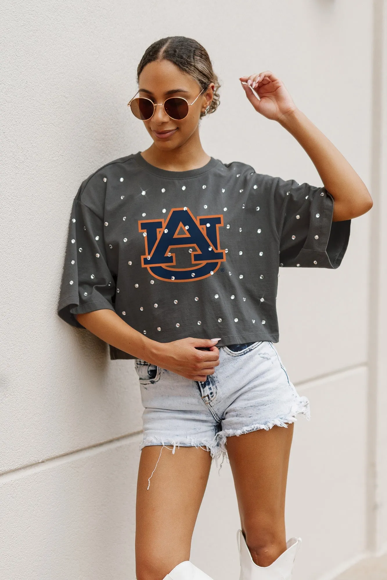 AUBURN TIGERS JUST IN TIME OVERSIZED ALL-OVER RHINESTONE SHORT SLEEVE CROP TEE