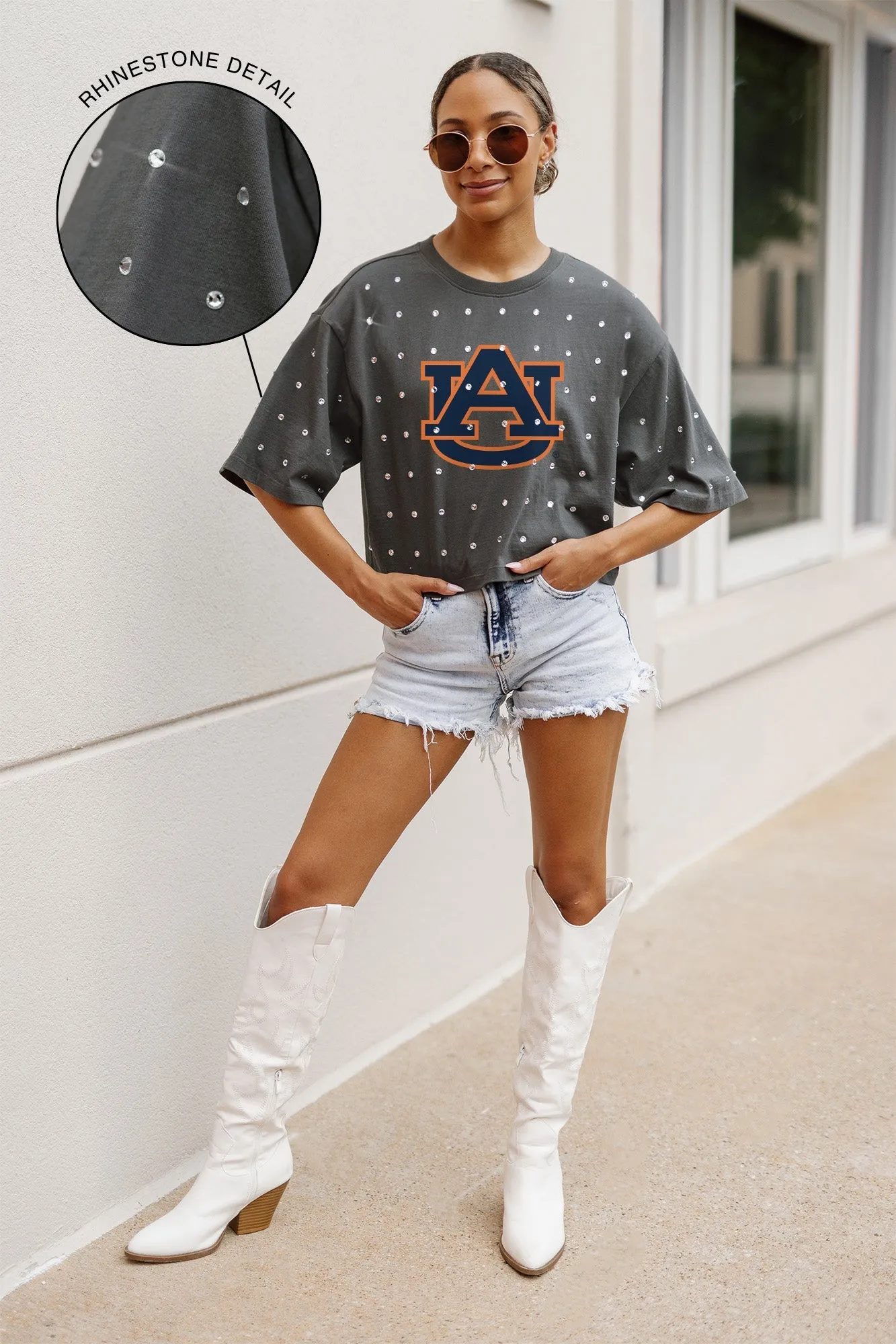 AUBURN TIGERS JUST IN TIME OVERSIZED ALL-OVER RHINESTONE SHORT SLEEVE CROP TEE