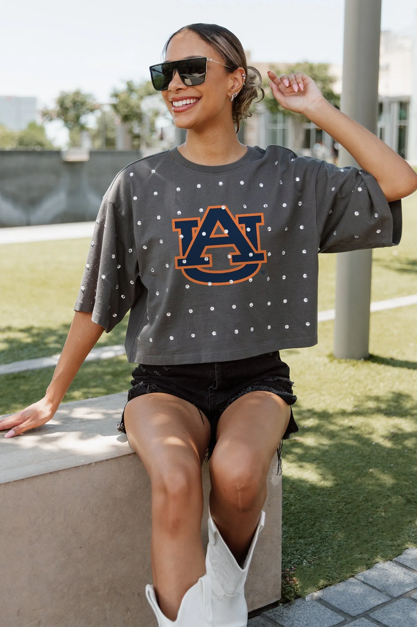 AUBURN TIGERS JUST IN TIME OVERSIZED ALL-OVER RHINESTONE SHORT SLEEVE CROP TEE