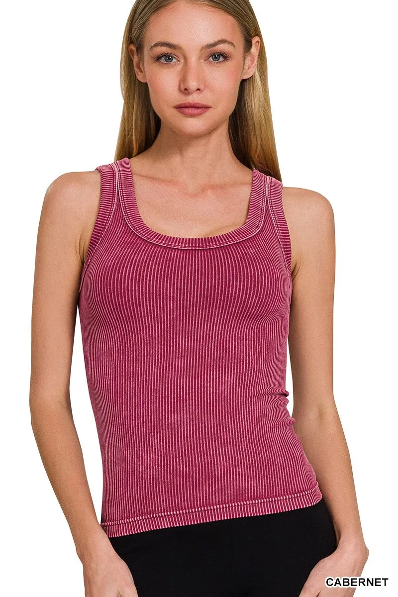 Bailey Acid Wash Ribbed Two Way Neckline Tank Top
