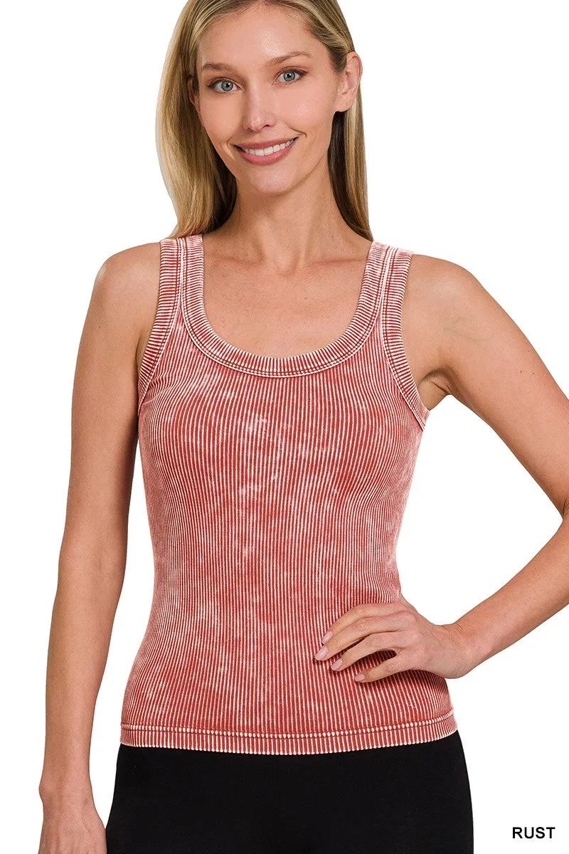 Bailey Acid Wash Ribbed Two Way Neckline Tank Top