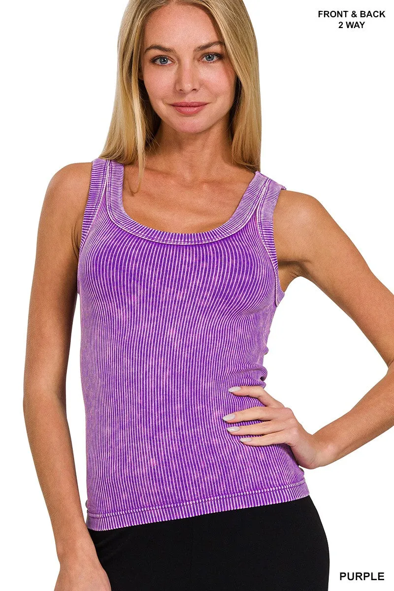 Bailey Acid Wash Ribbed Two Way Neckline Tank Top