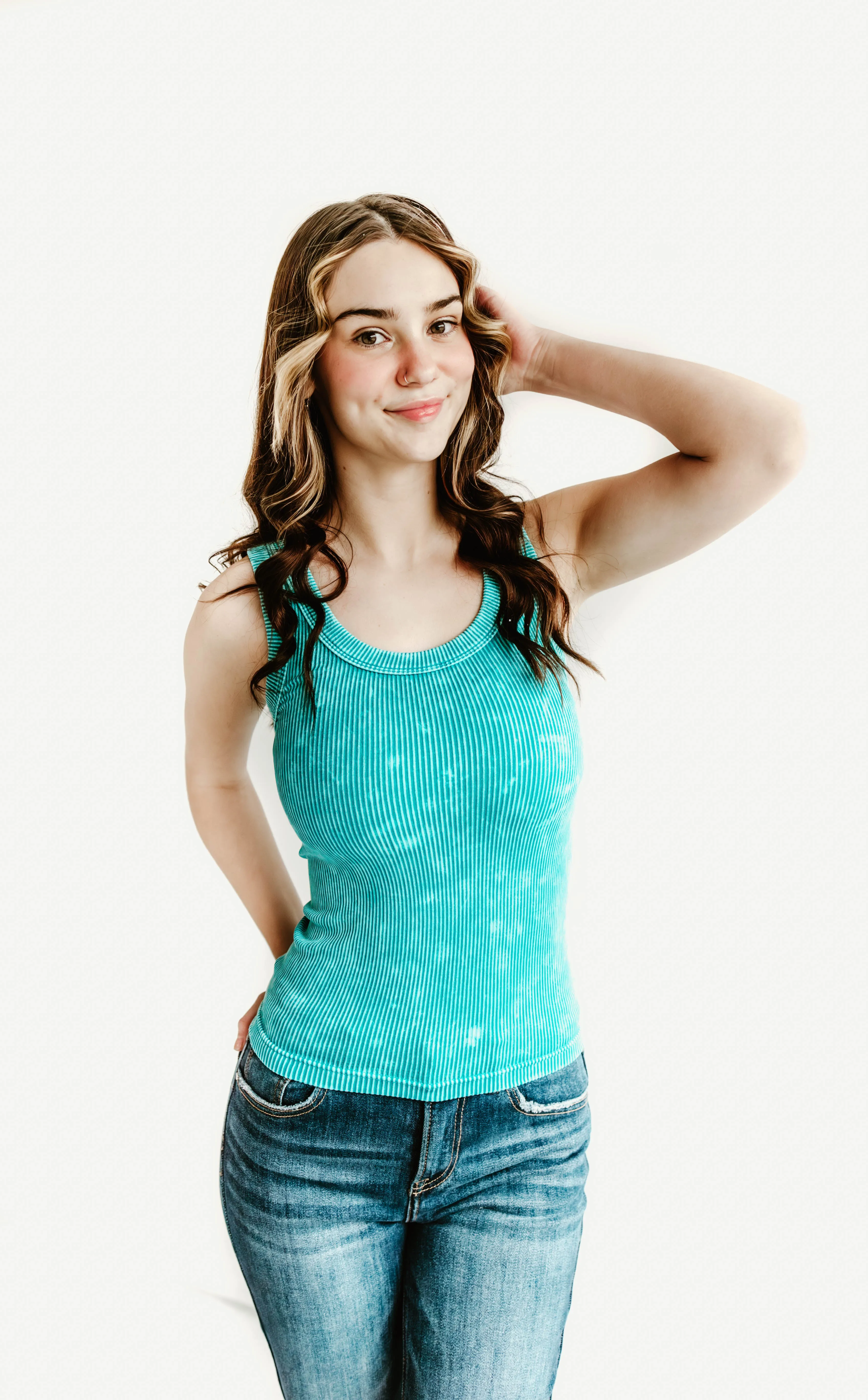 Bailey Acid Wash Ribbed Two Way Neckline Tank Top