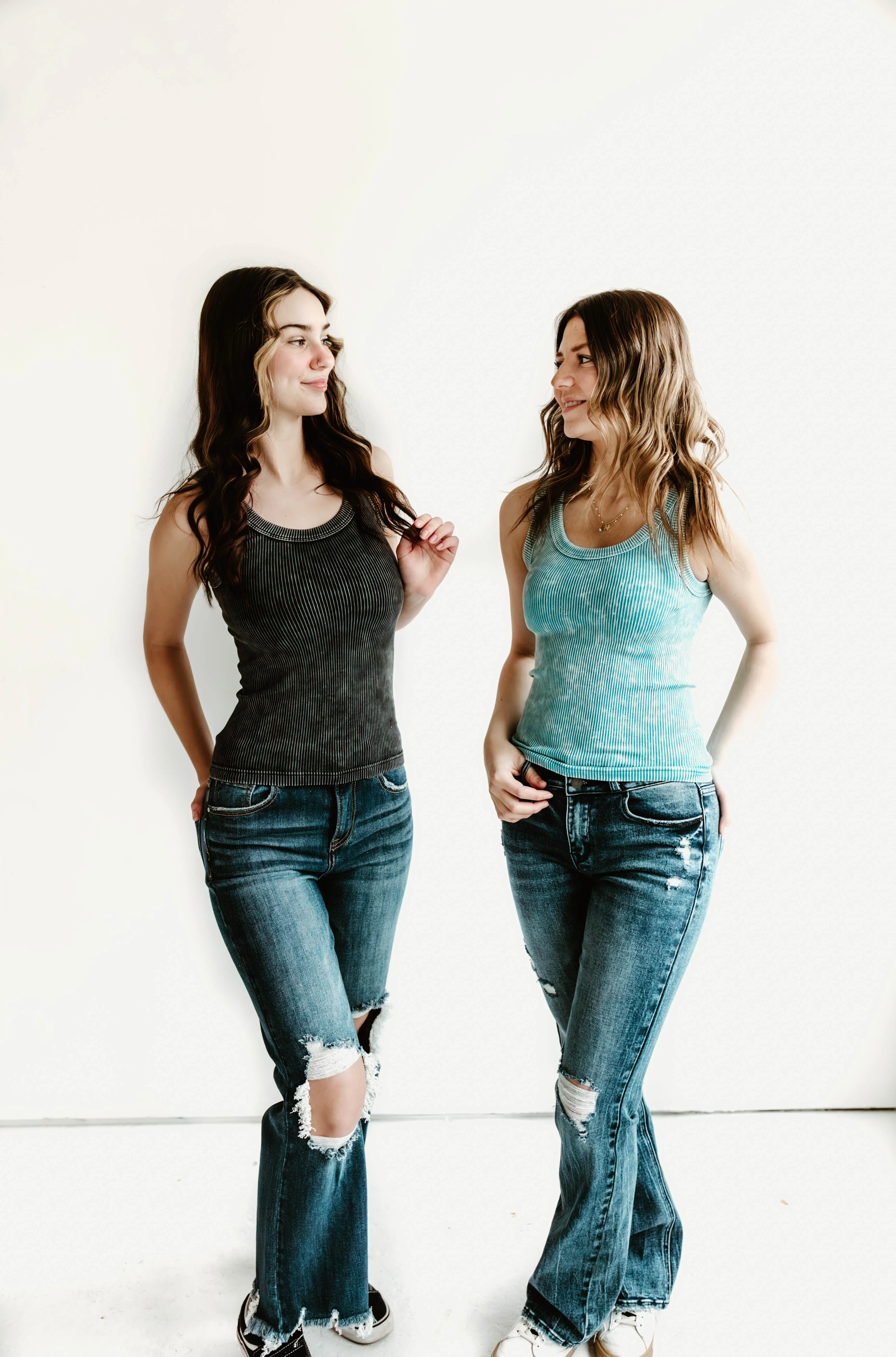 Bailey Acid Wash Ribbed Two Way Neckline Tank Top
