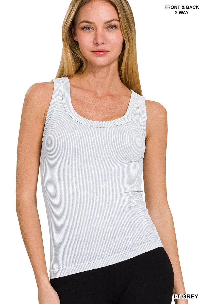 Bailey Acid Wash Ribbed Two Way Neckline Tank Top