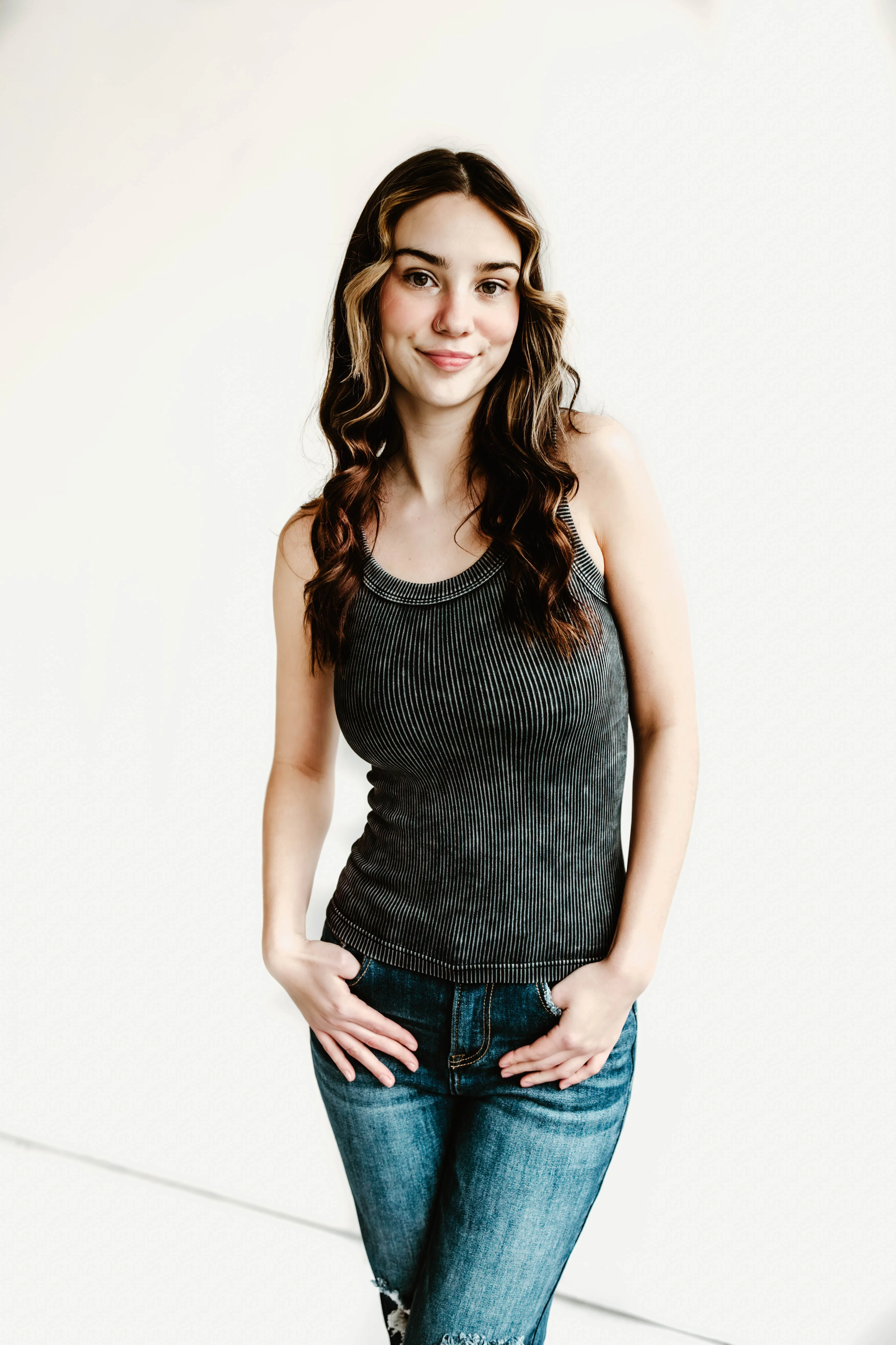 Bailey Acid Wash Ribbed Two Way Neckline Tank Top
