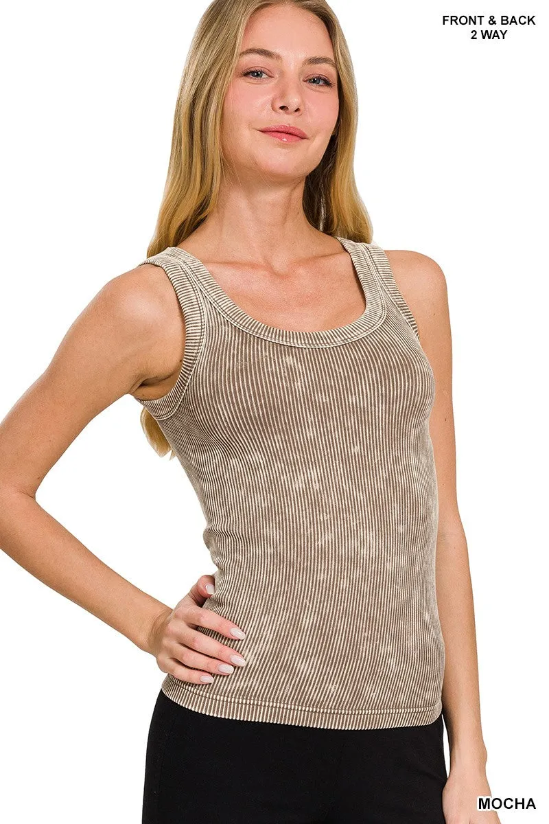 Bailey Acid Wash Ribbed Two Way Neckline Tank Top
