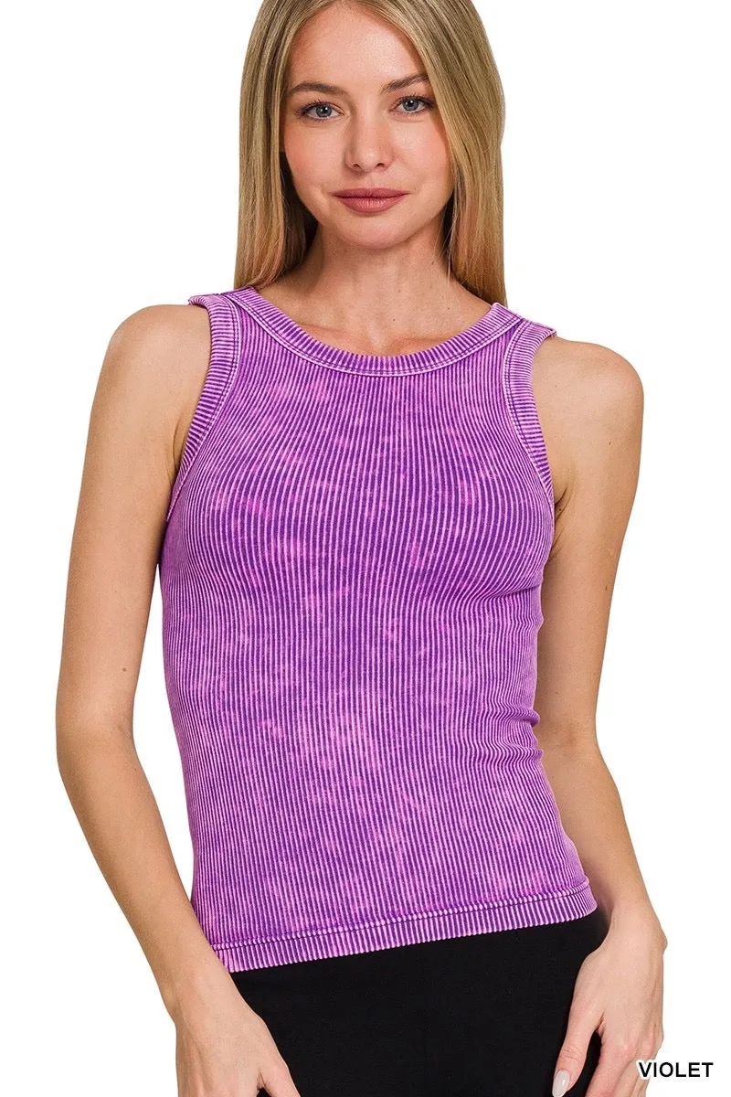 Bailey Acid Wash Ribbed Two Way Neckline Tank Top