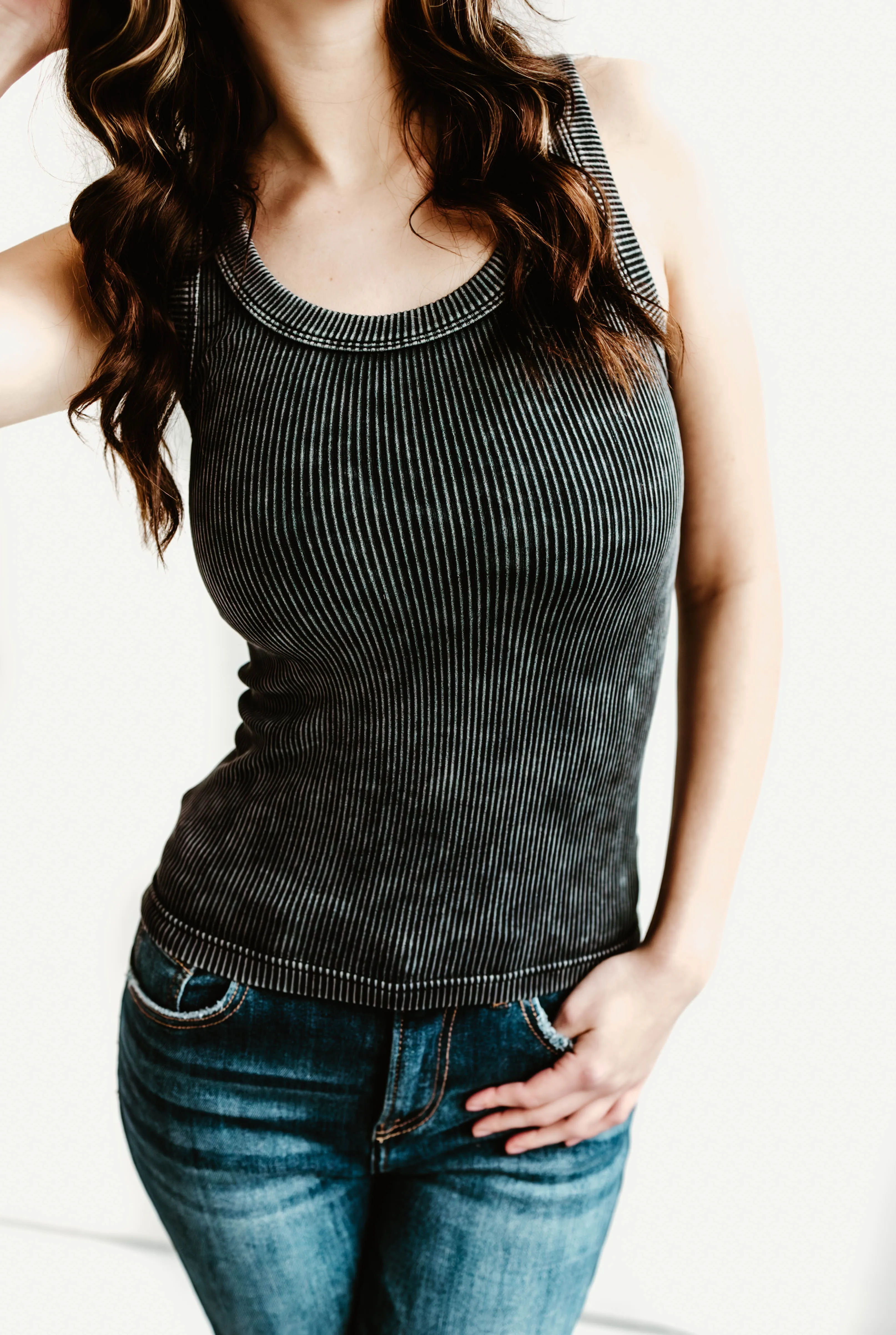 Bailey Acid Wash Ribbed Two Way Neckline Tank Top