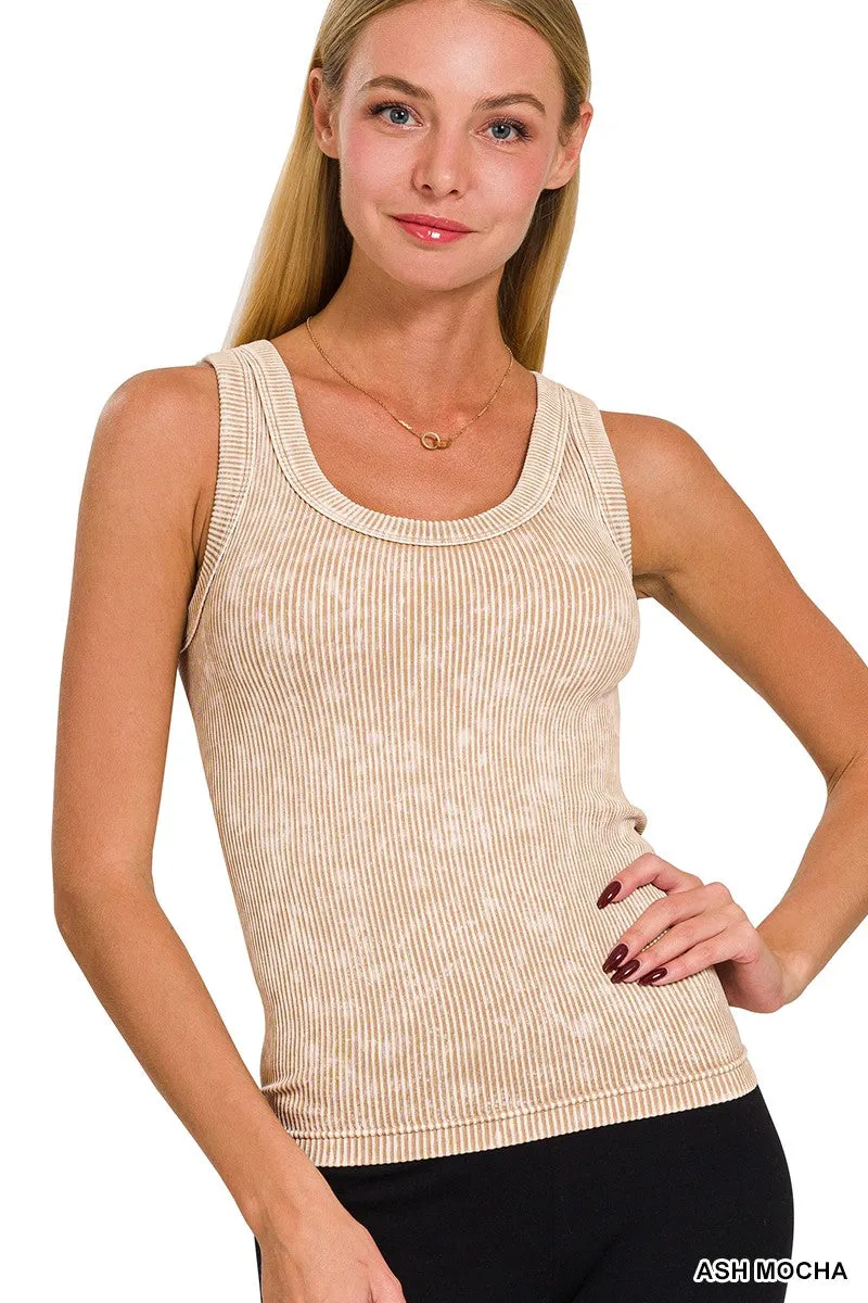 Bailey Acid Wash Ribbed Two Way Neckline Tank Top