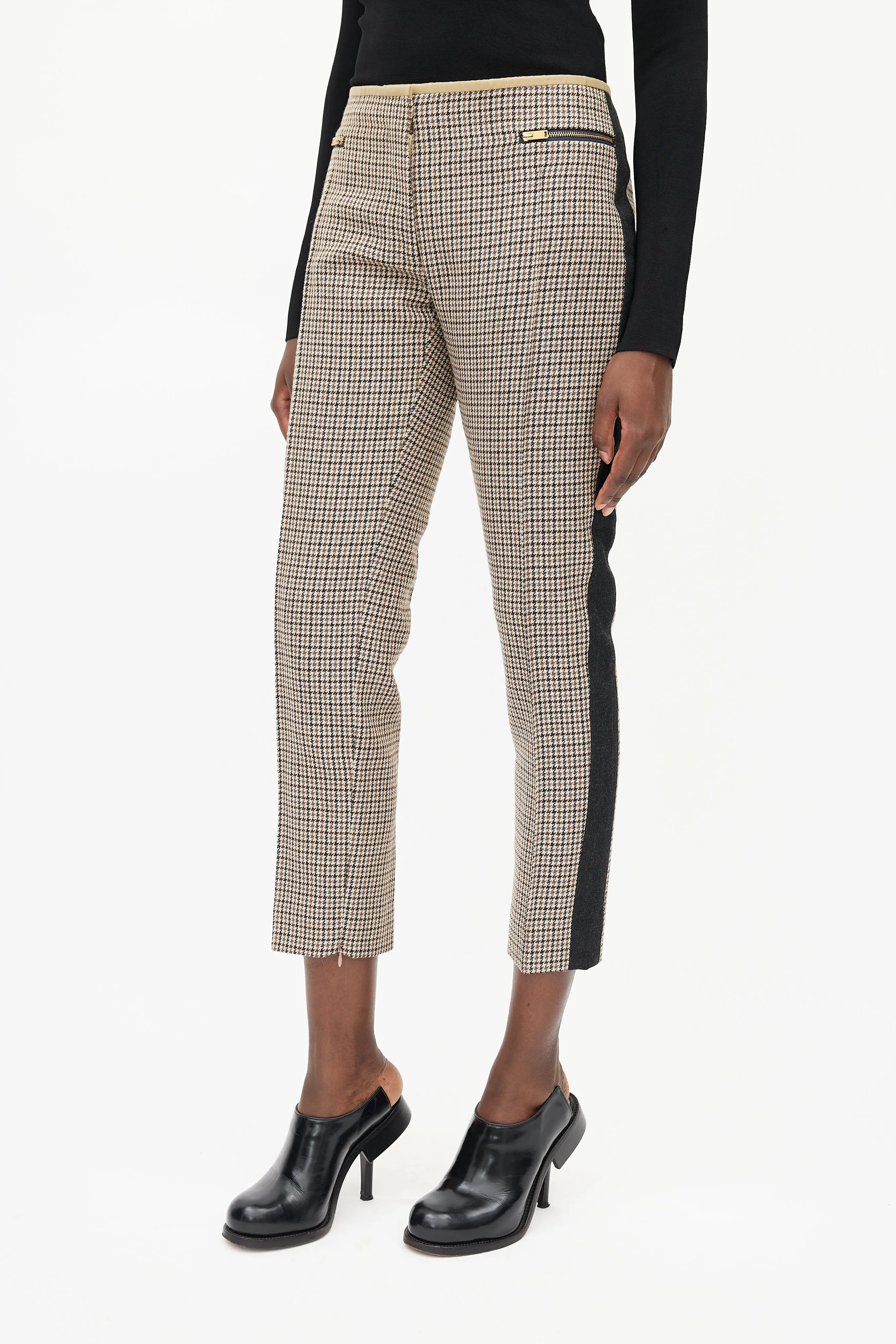Beige & Black Houndstooth Stripe Trouser