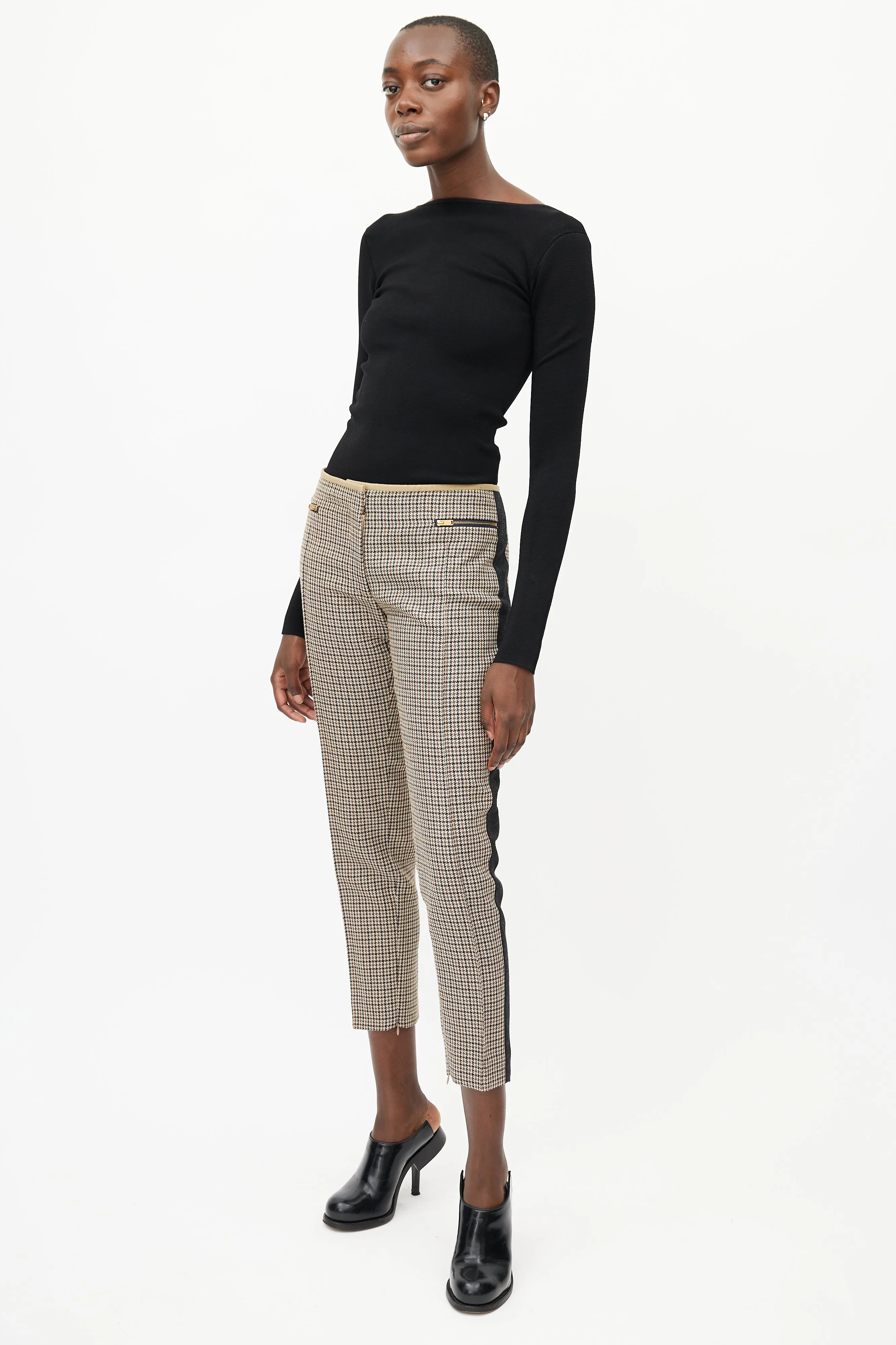 Beige & Black Houndstooth Stripe Trouser