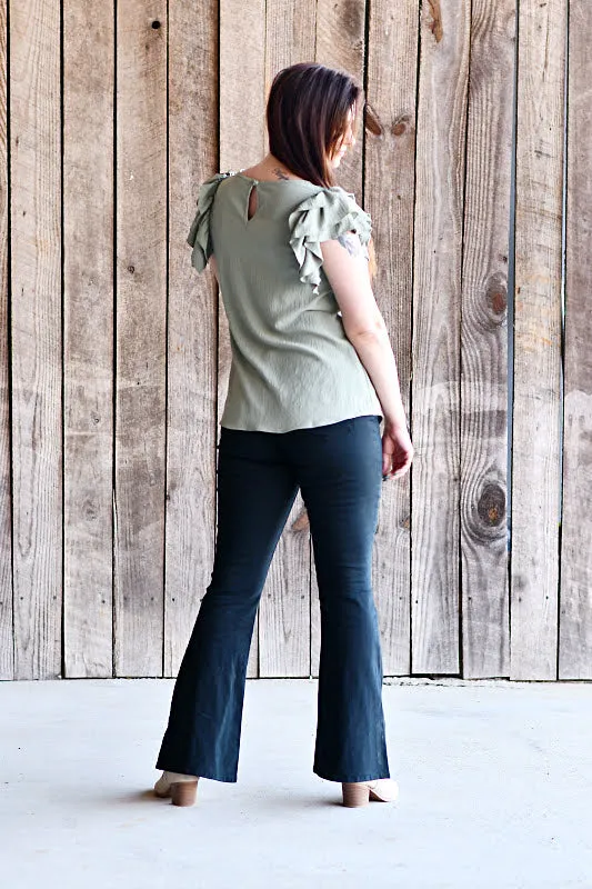Flare Ruffled Short Sleeve Top in Light Sage