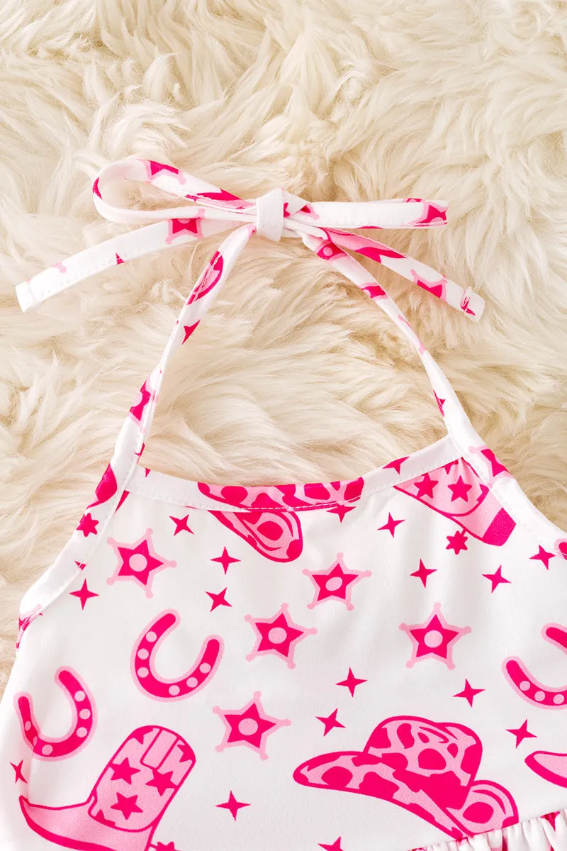 Horseshoe printed girls halter top and fuchsia bell bottoms. OFG50830 SOL