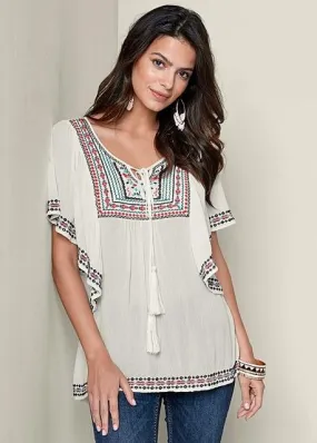 Multi Color Embroidered Peasant Top