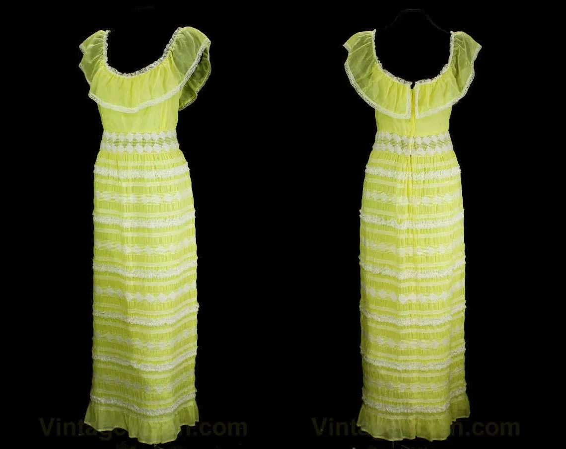 Size 12 Sun Dress - 70s Peasant Style Yellow Gauze & White Yarn - Bohemian Lace Ruffles - Boho 1970s Summer Maxi - Bust 38 - 46866
