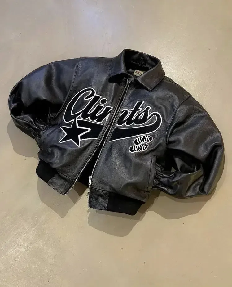 Streetwear Leather Jacket Y2K Clothes Mens Rock Hip Hop Embroidered Retro Leather Jacket Motorcycle Wear Zipper Jacket Coats